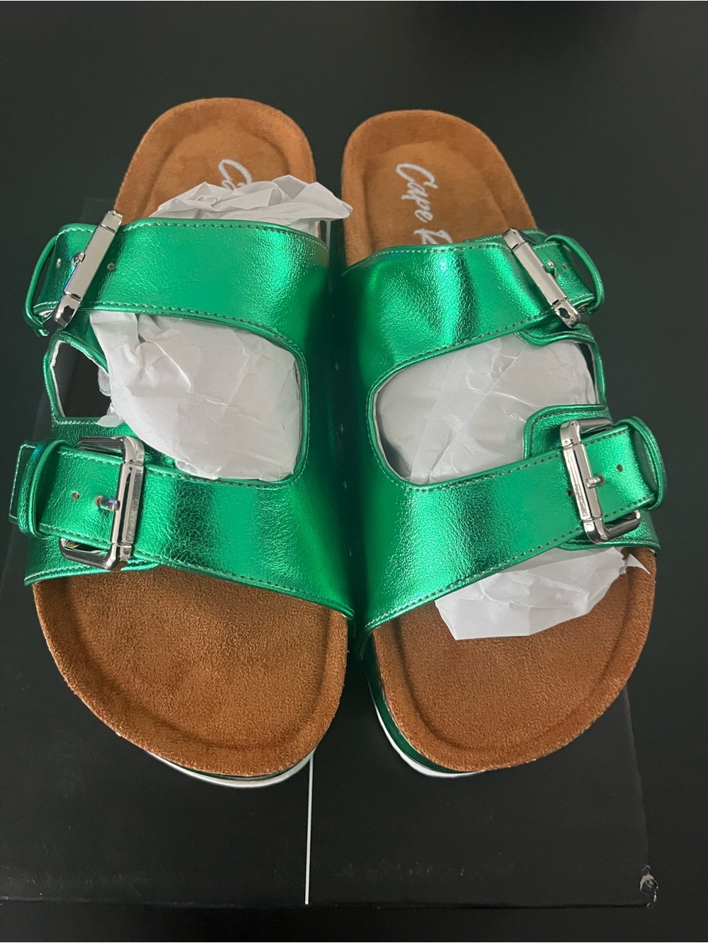 Cape Robbin Metallic Green Buckle Slide Sandals  Size 10 New